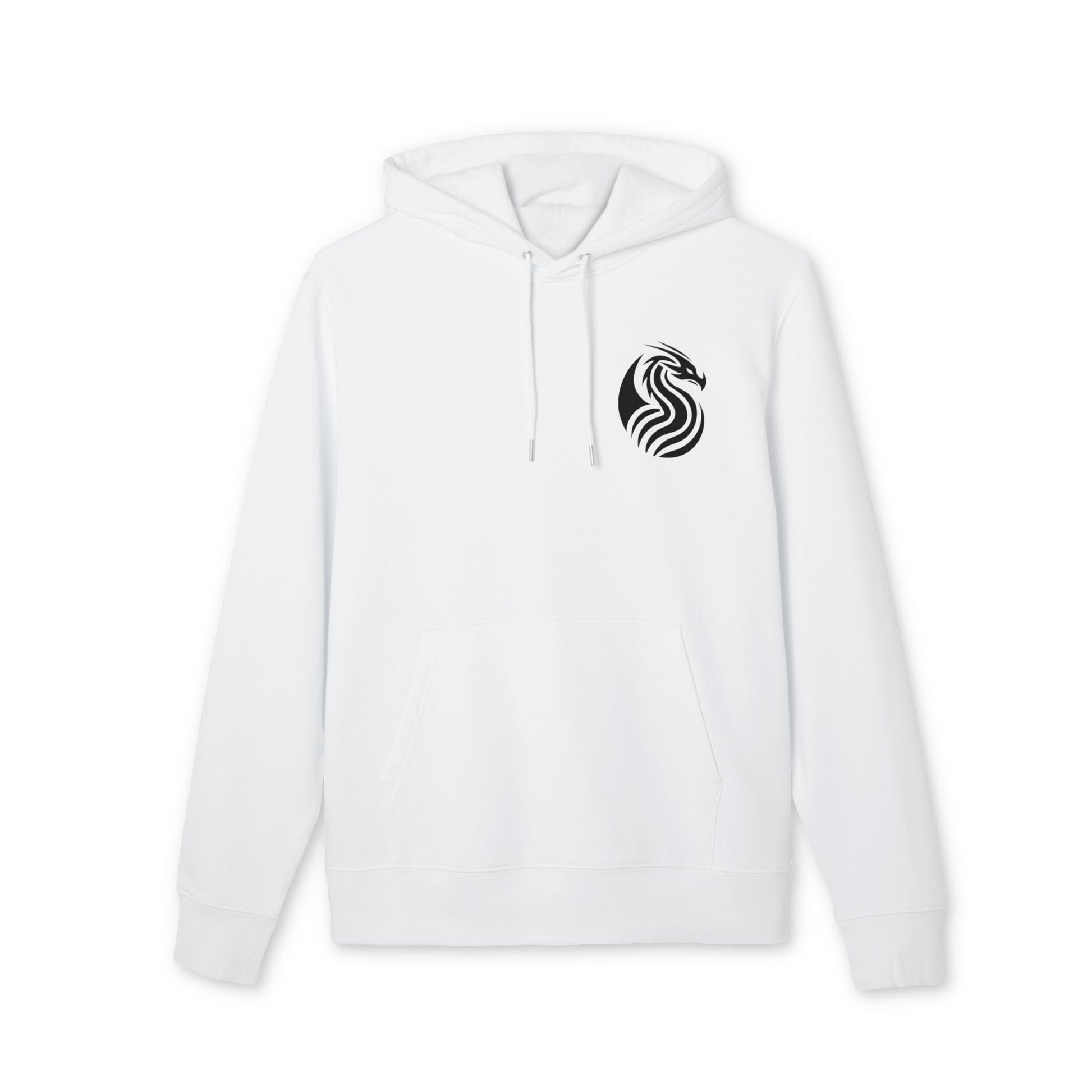 Alt Tag: Dragon Drix Sustainable Unisex Hoodie blanca de algodón orgánico con capucha y cordones, logo de dragón negro en el pecho