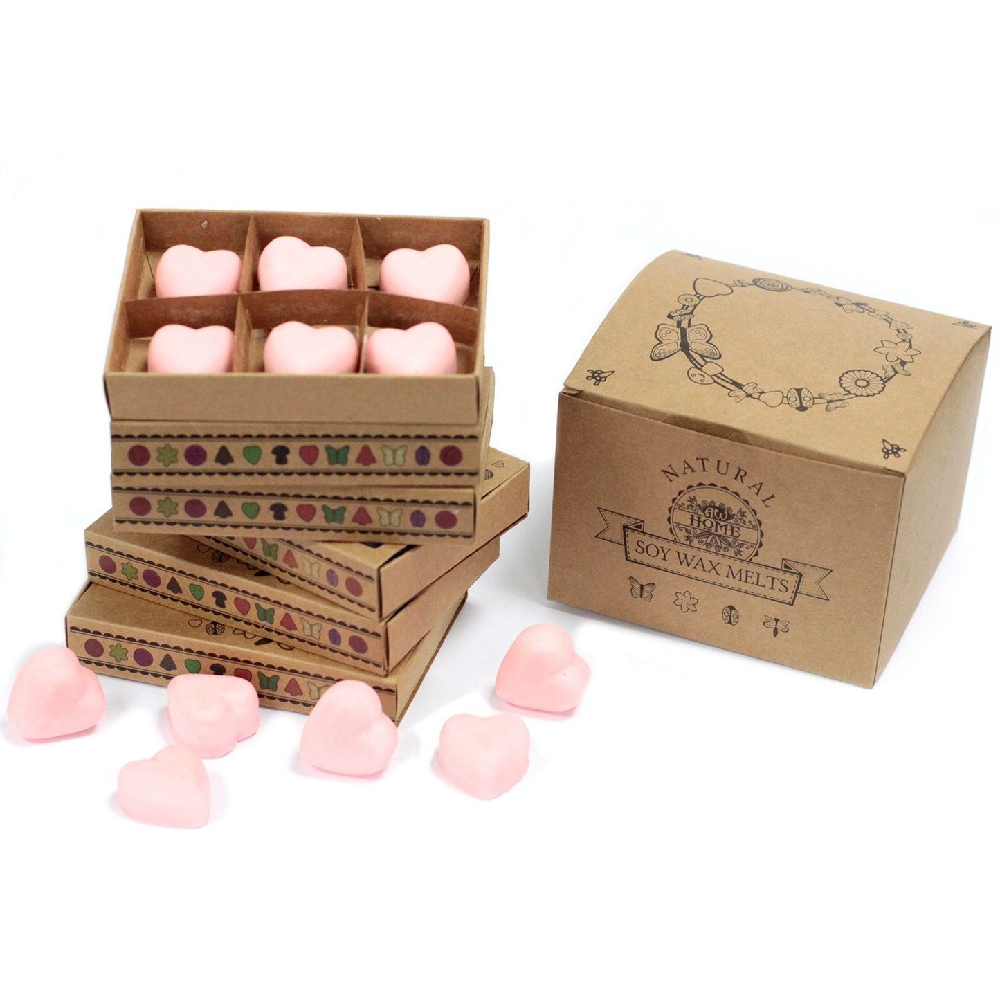 Soy Blend Wax Melts Gift Set – Dragon's Blood in kraft box, pink heart-shaped soy blend wax melts set, paraffin-free home fragrance