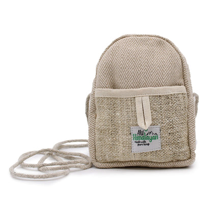 Alt Tag: Drawstring Hemp & Cotton Mobile Bag – Random Colour, beige hemp-cotton drawstring crossbody pouch with cord strap and front pocket