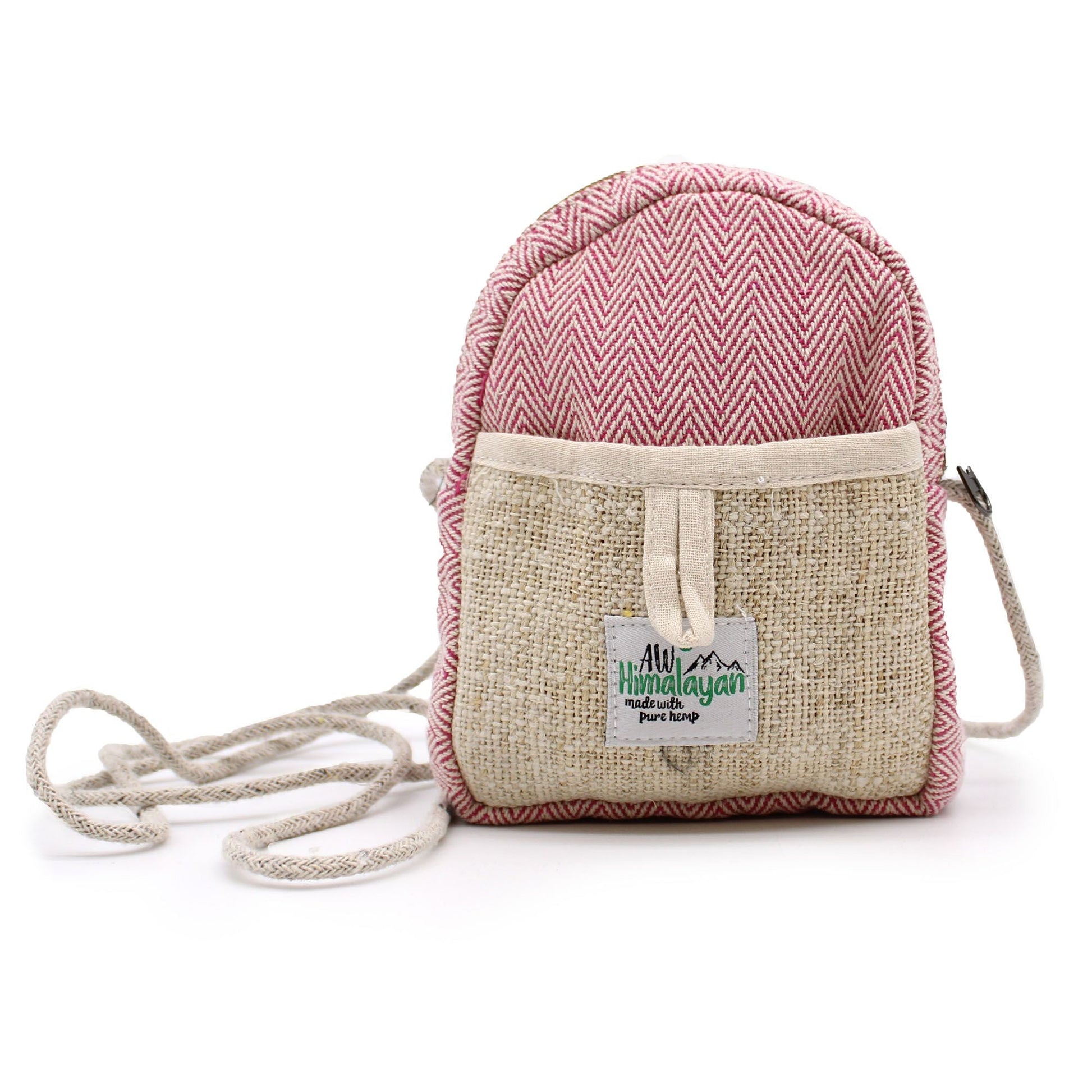 Drawstring Hemp & Cotton Mobile Bag – Random Colour, pink herringbone drawstring crossbody pouch with hemp front pocket and strap