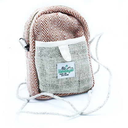 Drawstring Hemp & Cotton Mobile Bag – Random Colour drawstring crossbody phone pouch with herringbone fabric and front pocket