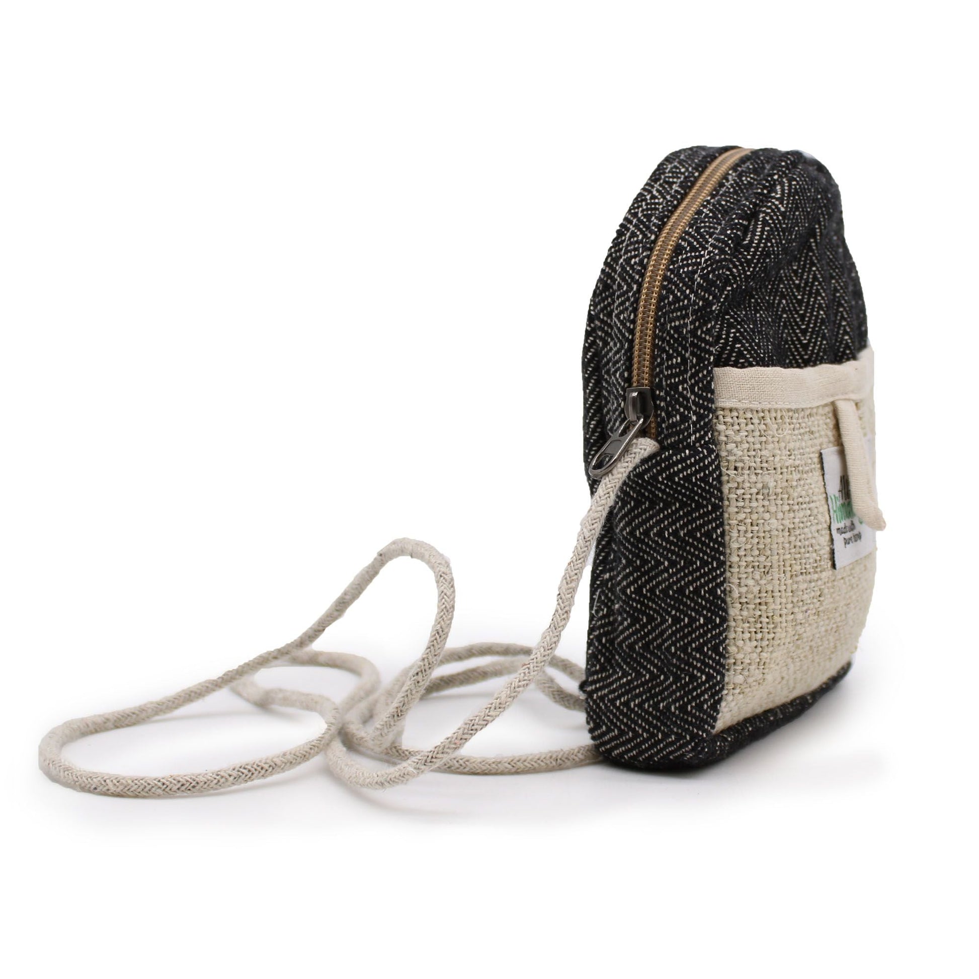 Drawstring Hemp & Cotton Mobile Bag – Random Colour, hemp-cotton crossbody phone pouch with drawstring and strap, side view