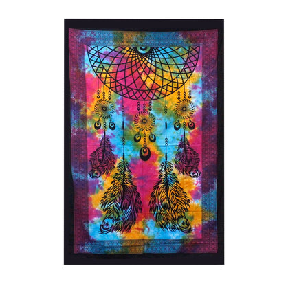 Dreamchatcher Cotton Bedspread – 235x210 CM multicolor cotton bedspread with dreamcatcher and feather design, Indian-inspired decor