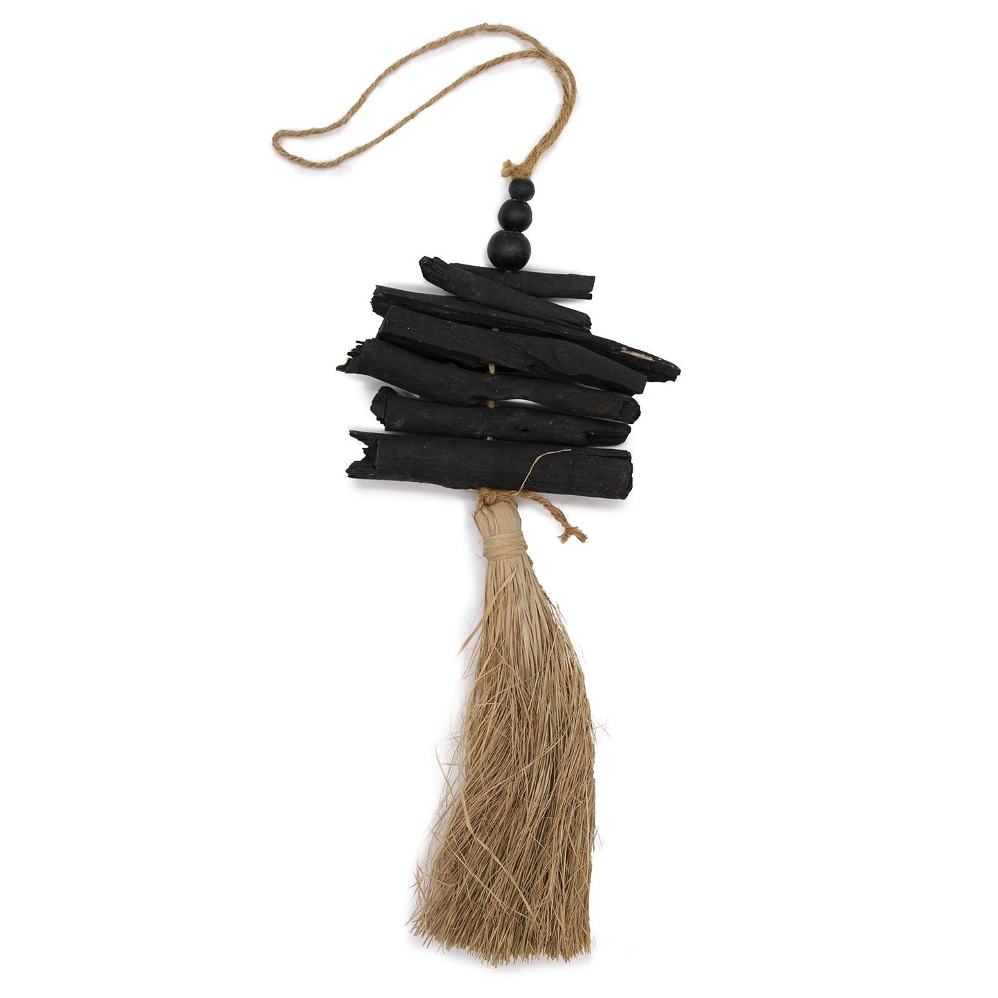 Driftwood & Seagrass Wall Art – 42 CM, colgante de pared con madera flotante negra, cuentas de pino y borla de seagrass natural