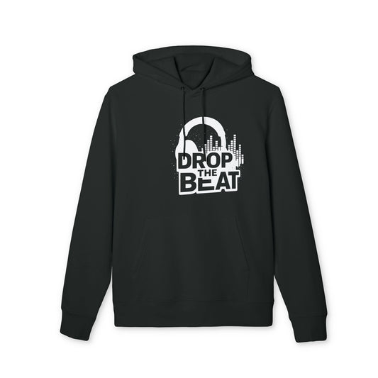 Alt Tag: Drop the Beat Hiphop Style Sustainable Unisex Hoodie black organic cotton pullover with "DROP THE BEAT" graphic print
