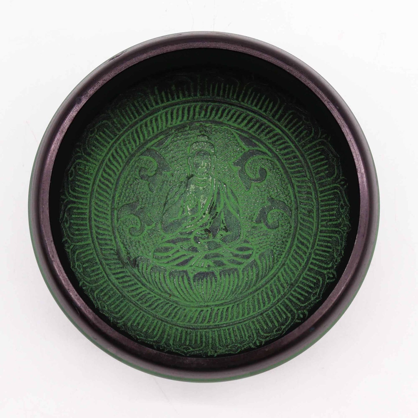 Alt Tag: Earth Powder Singing Bowl – Mandala Buddha – 16 CM med Mandala Buddha-design i grön pulverfinish, hantverk från Nepal