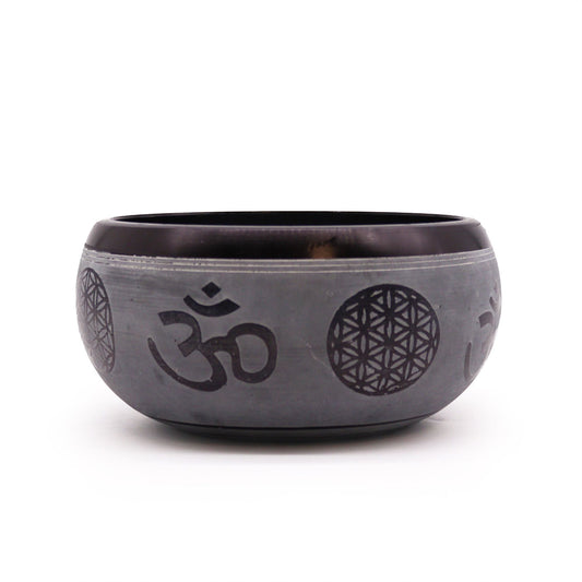 Earth Powder Singing Bowl – Om Five Buddha – 16 CM, handcrafted Nepal matte powder finish bowl with Om symbol and geometric Buddha motifs