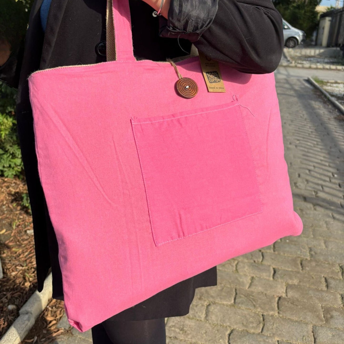 Eco-Chic Reversible Jute & Cotton Bag – Pink pink reversible jute and cotton tote bag with front pocket, 49x40 cm