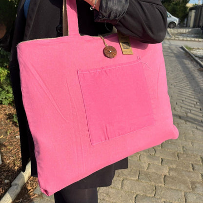 Eco-Chic Reversible Jute & Cotton Bag – Pink pink reversible jute and cotton tote bag with front pocket, 49x40 cm