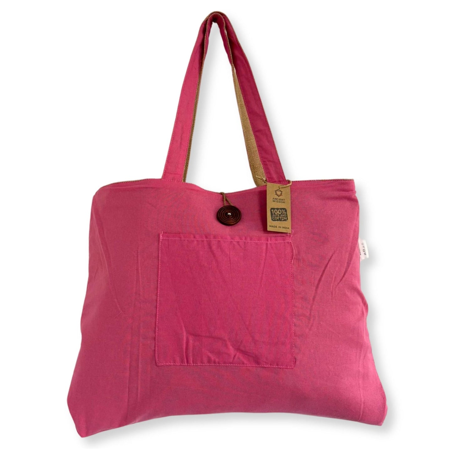 Eco-Chic Reversible Jute & Cotton Bag – Pink pink reversible jute and cotton tote bag with front pocket, 49x40 cm