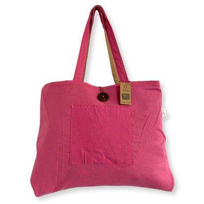 Eco-Chic Reversible Jute & Cotton Bag – Pink pink reversible jute and cotton tote bag with front pocket, 49x40 cm