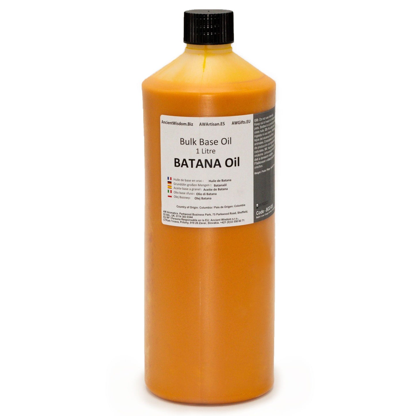 Elaeis Oleifera Batana Oil – 1 Litre bottle of batana oil bulk base oil with black cap, front label shown