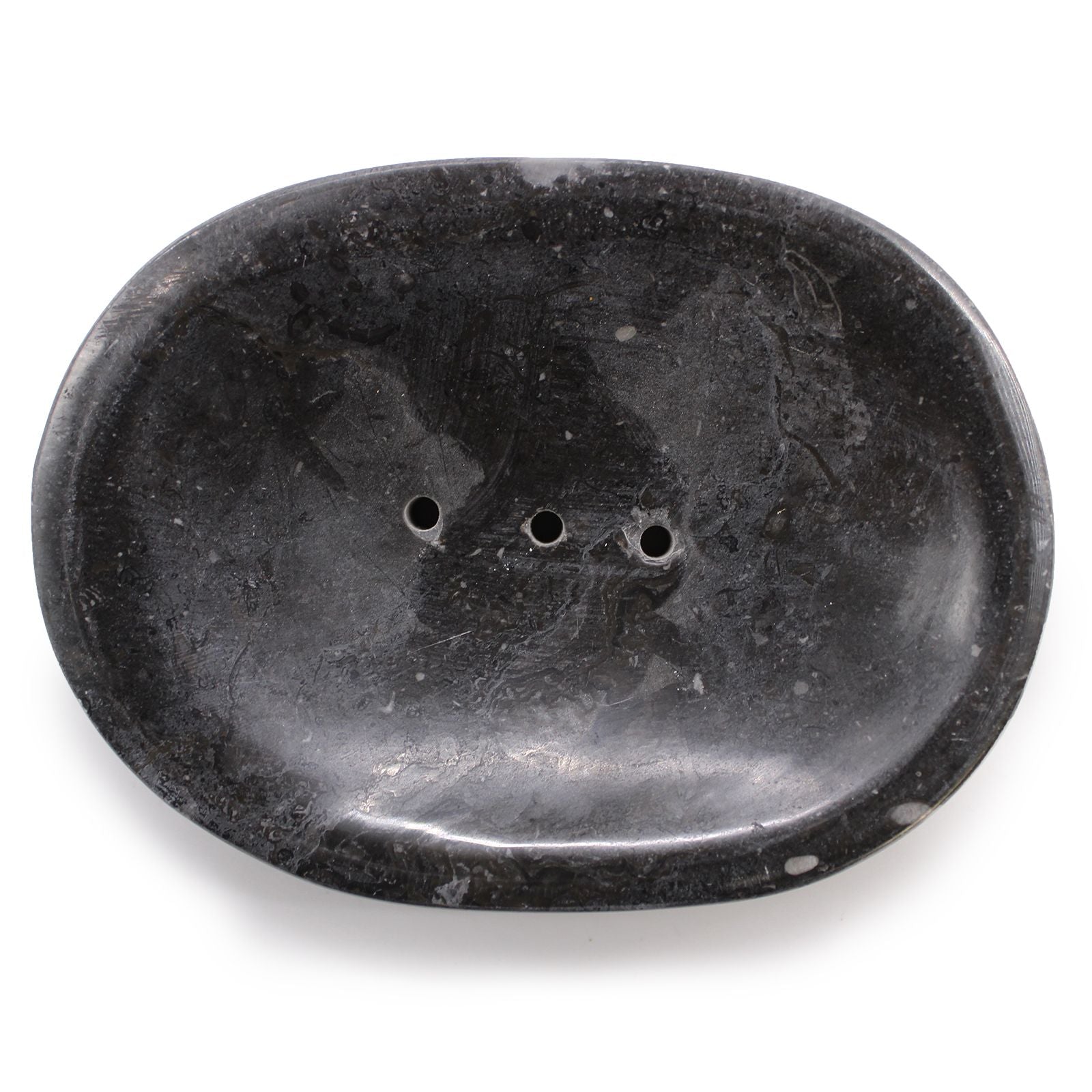Alt Tag: Elegant Black Marble Soap Dish – 12x9x2 CM handcrafted black marble oval soap dish with drainage holes