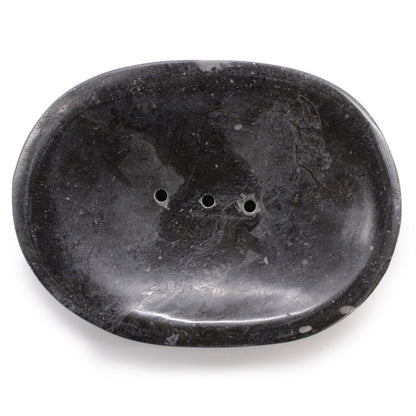 Alt Tag: Elegant Black Marble Soap Dish – 12x9x2 CM handcrafted black marble oval soap dish with drainage holes
