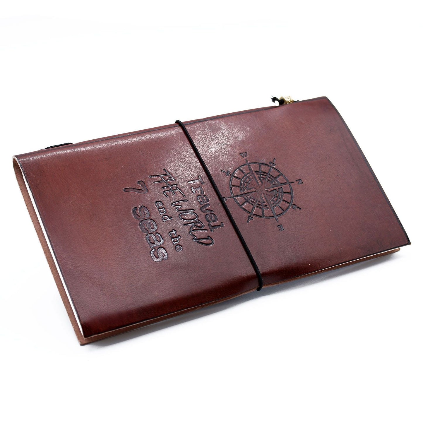 Elegant journal i brunt läder – brun, 80 sidor, reseformat anteckningsbok i brunt läder med kompassprägling och elastiskt band, 22x12 cm