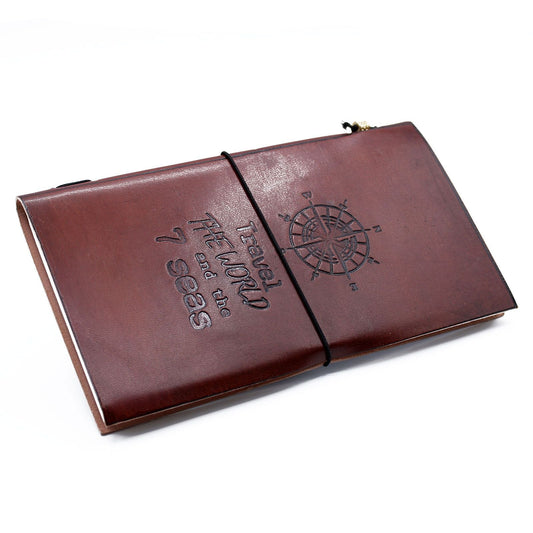 Elegant Leather Journal – Brown 80 Pages, travel-size brown leather notebook with compass embossing and elastic band, 22x12 cm