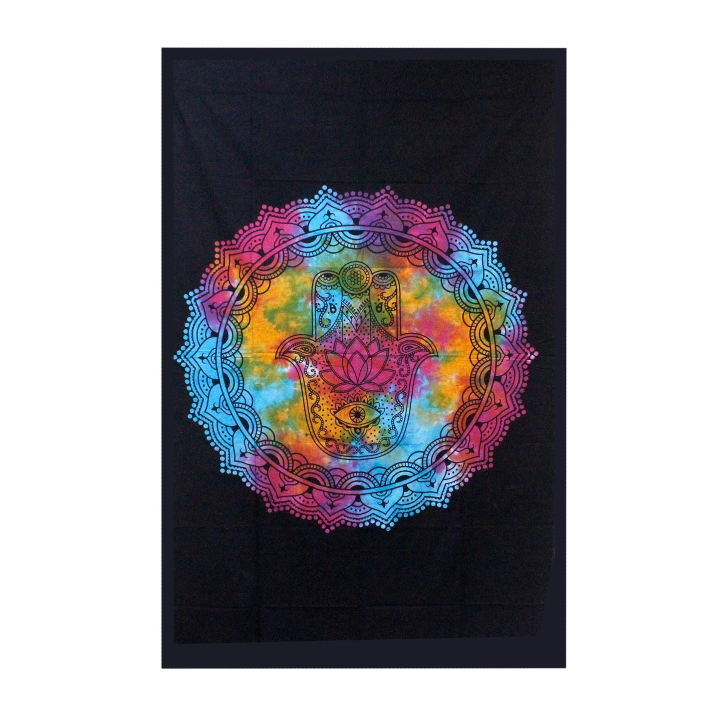 Alt Tag: Elegant Cotton Bedspread – Black Hamsa 230x200 CM, black cotton bedspread with colorful hamsa hand mandala design