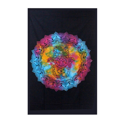 Alt Tag: Elegant Cotton Bedspread – Black Hamsa 230x200 CM, black cotton bedspread with colorful hamsa hand mandala design