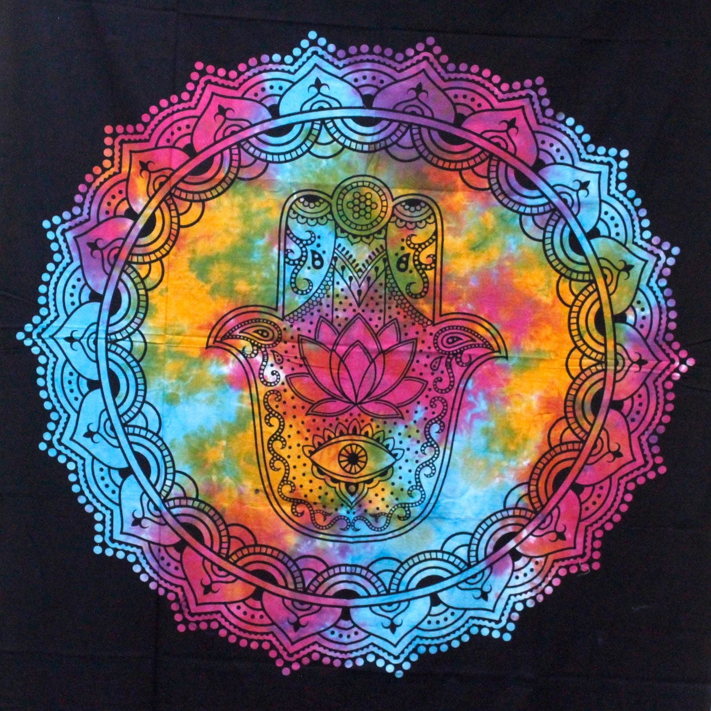 Alt Tag: Elegant Cotton Bedspread – Black Hamsa 230x200 CM with colorful hamsa hand mandala design on black cotton fabric