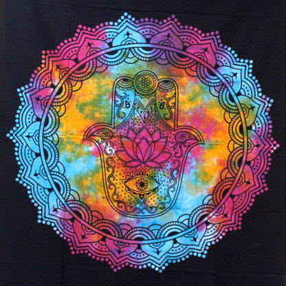 Alt Tag: Elegant Cotton Bedspread – Black Hamsa 230x200 CM with colorful hamsa hand mandala design on black cotton fabric
