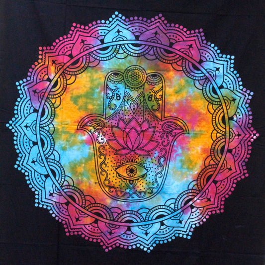 Alt Tag: Elegant Cotton Bedspread – Black Hamsa 230x200 CM with colorful hamsa hand mandala design on black cotton fabric