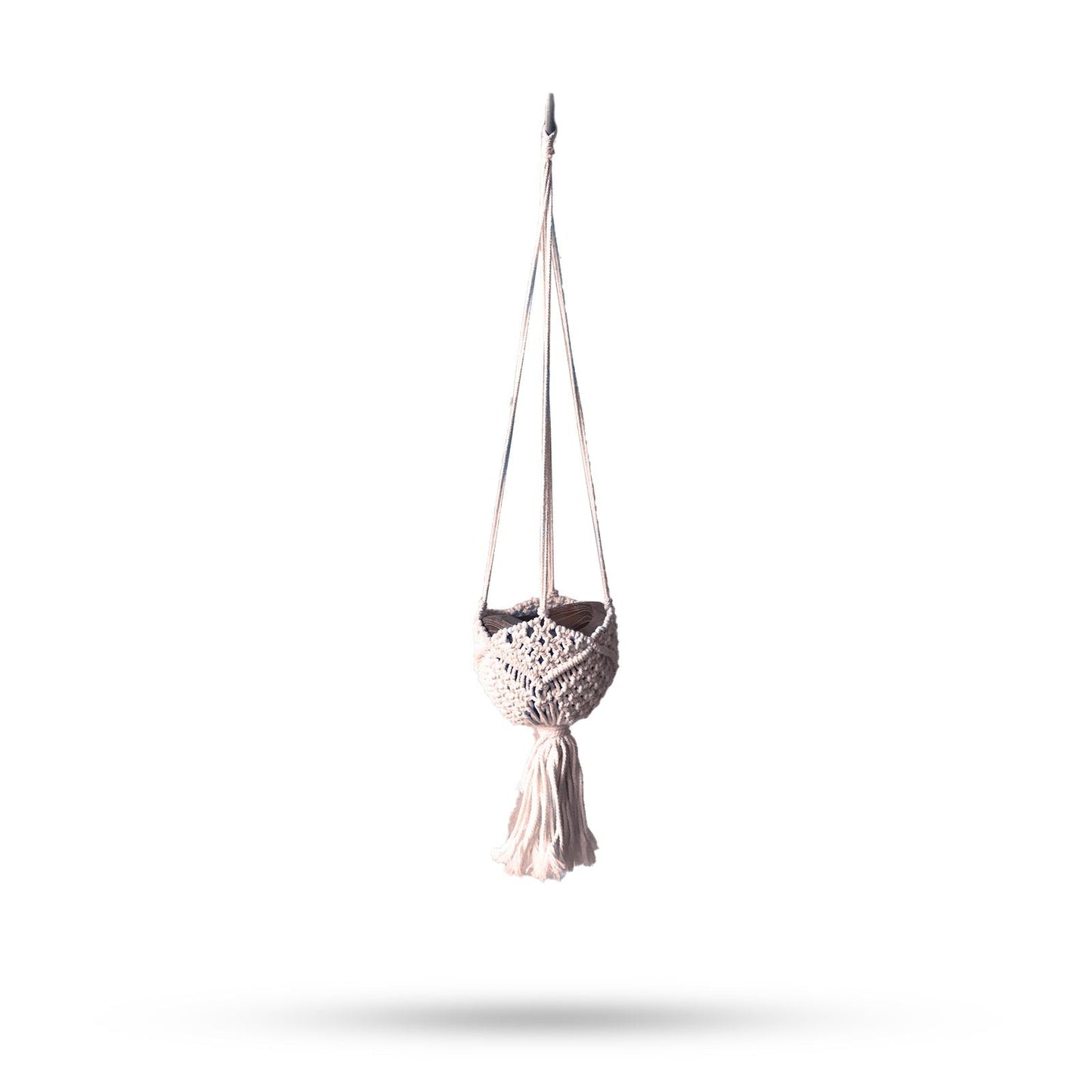 Elegant Cotton Macrame Pot Holder – Beige hanging macrame plant holder with tassel, cotton cord and wooden ring, front view