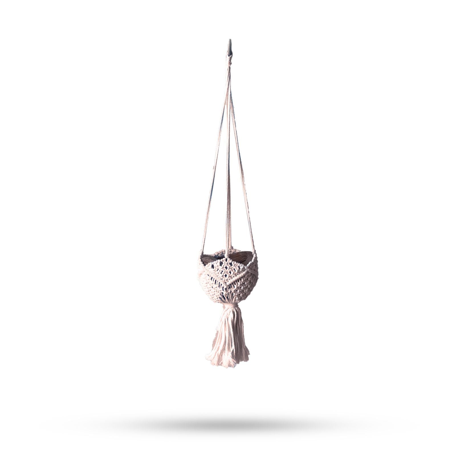 Elegant Cotton Macrame Pot Holder – Beige hanging macrame plant holder with tassel, cotton cord and wooden ring, front view
