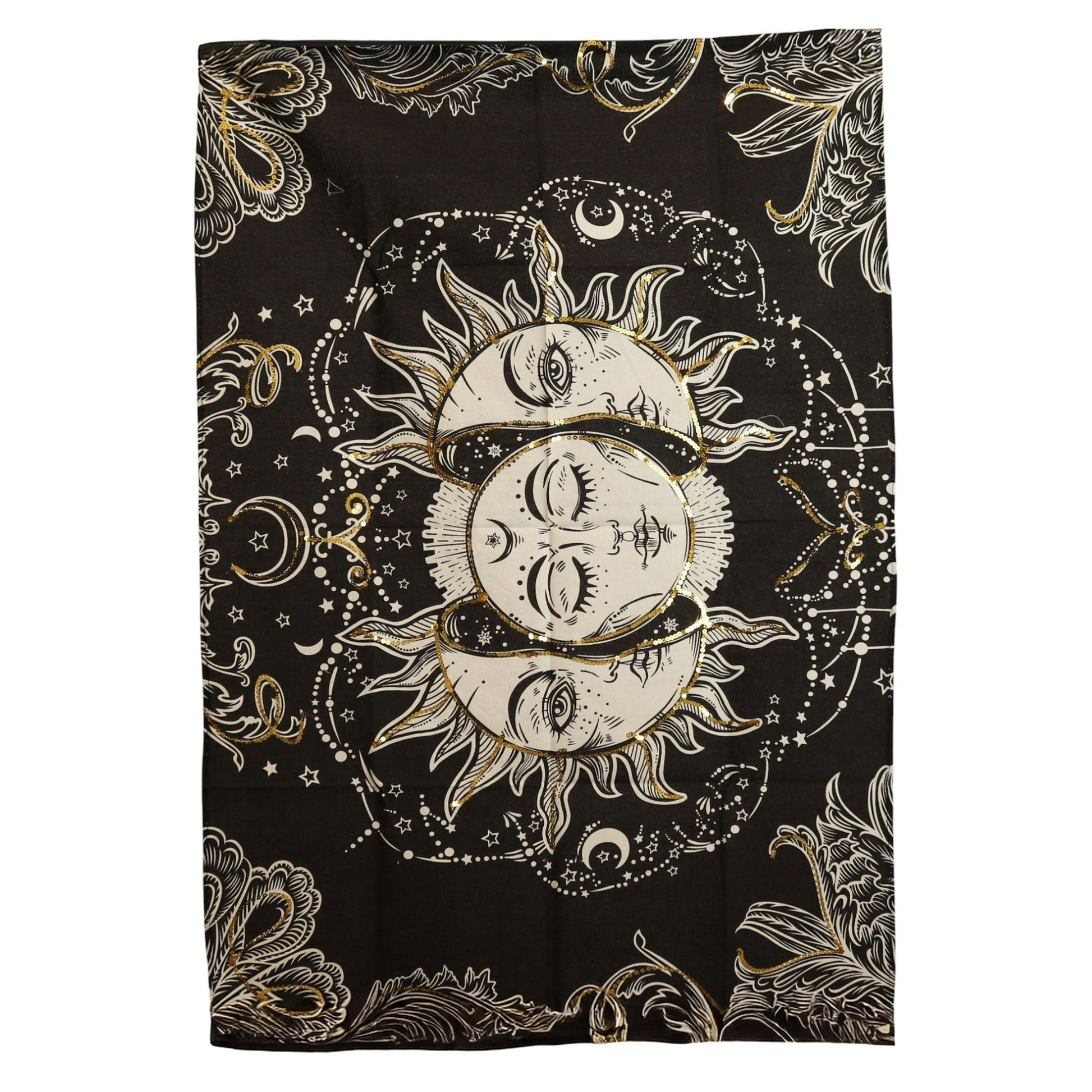 Elegante Baumwoll-Wandkunst – Sun Goddess 70x110 CM, schwarzer Baumwoll-Wandteppich mit himmlischem Sonnen- und Mond-Design in Gold