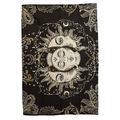 Elegante Baumwoll-Wandkunst – Sun Goddess 70x110 CM, schwarzer Baumwoll-Wandteppich mit himmlischem Sonnen- und Mond-Design in Gold