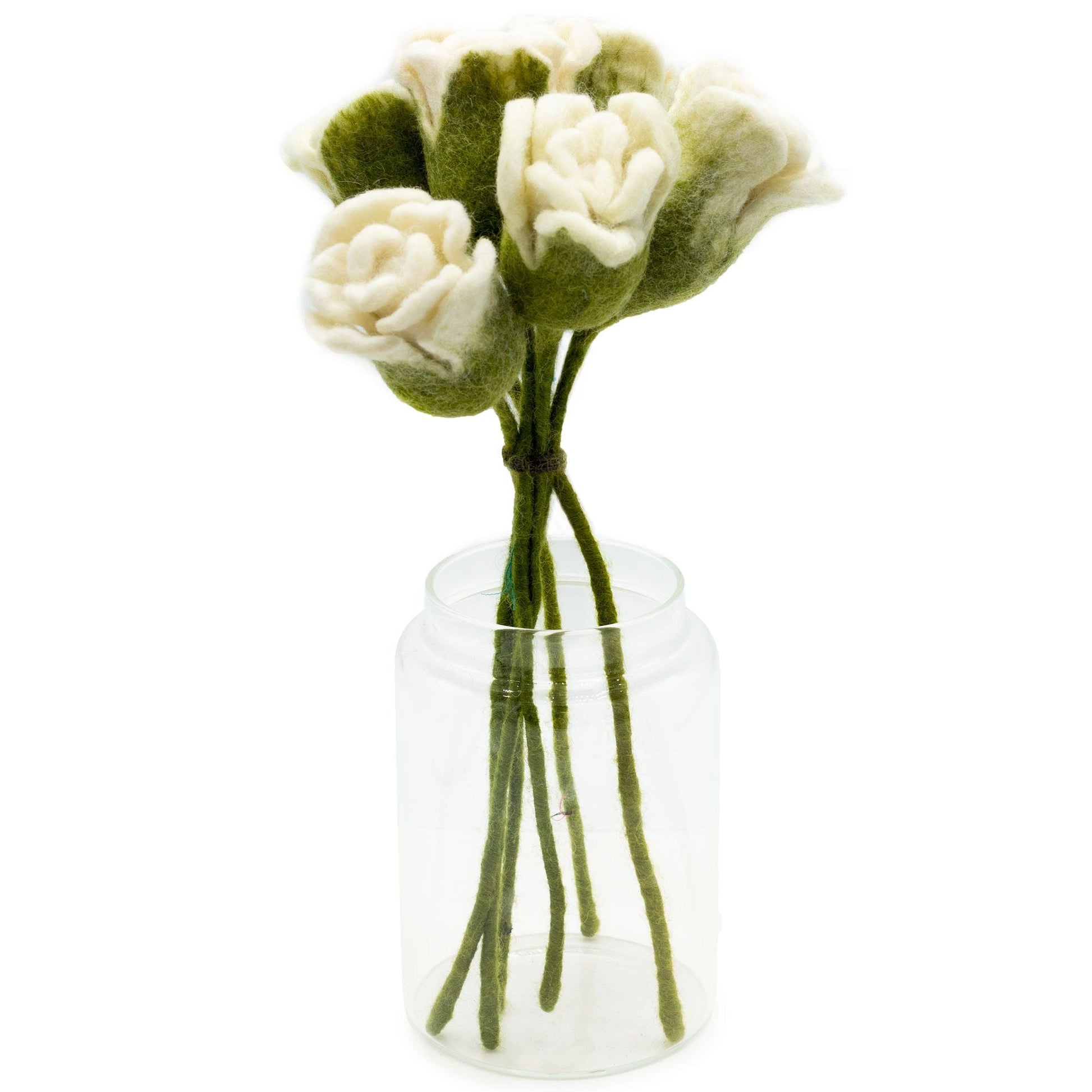 Elegant Felt White Roses – Set of 6, 31x5 CM in a clear glass jar, handmade white felt rose bouquet with green stems