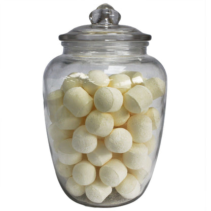 Alt Tag: Elegant Glass Candy Jar – 15x24.5 CM clear glass jar with lid, filled with white candies, elegant storage container