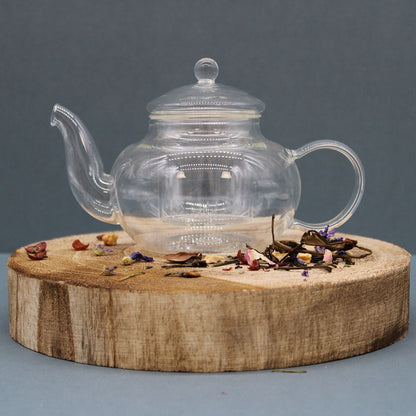 Alt Tag: Elegant Glass Infuser Teapot – Round Pearl 400ML clear round pearl glass teapot with lid and handle on wooden base, loose tea leaves