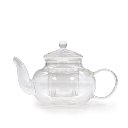 Alt Tag: Elegant Glass Infuser Teapot – Round Pearl 400ML transparent glass teapot with lid, curved spout, handle and built-in infuser