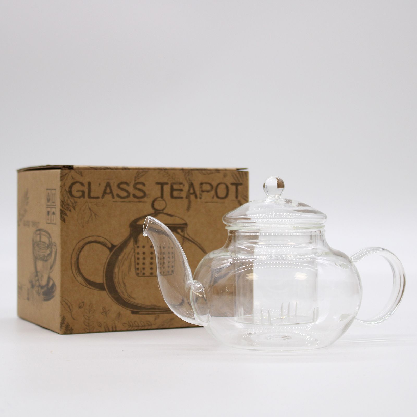 Alt Tag: Elegant Glass Infuser Teapot – Round Pearl 400ML clear glass teapot with lid and infuser, shown beside glass teapot box