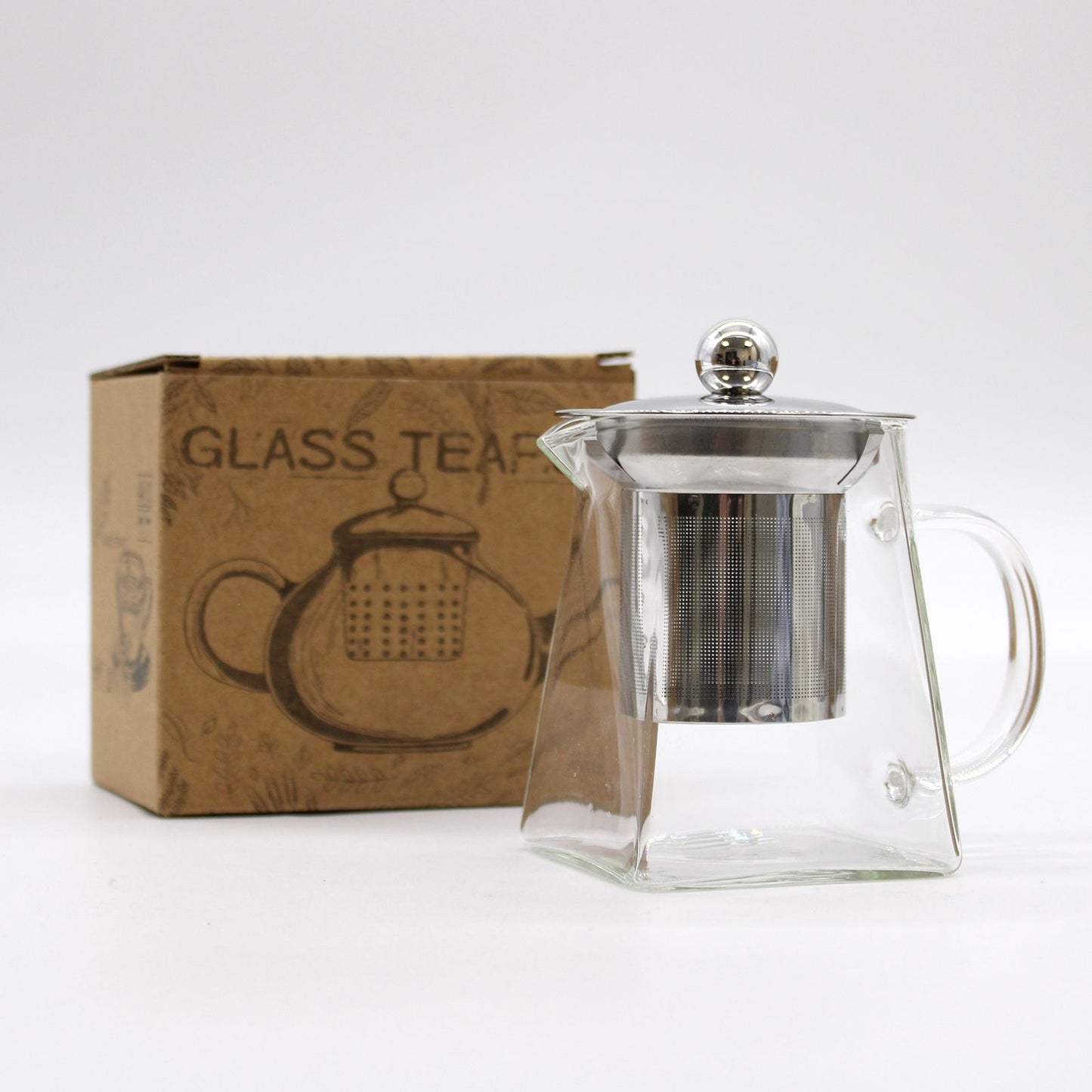 Alt Tag: Elegant Glass Infuser Teapot – Tower Shape 350ML glass teapot with stainless steel infuser and lid, shown with tea box