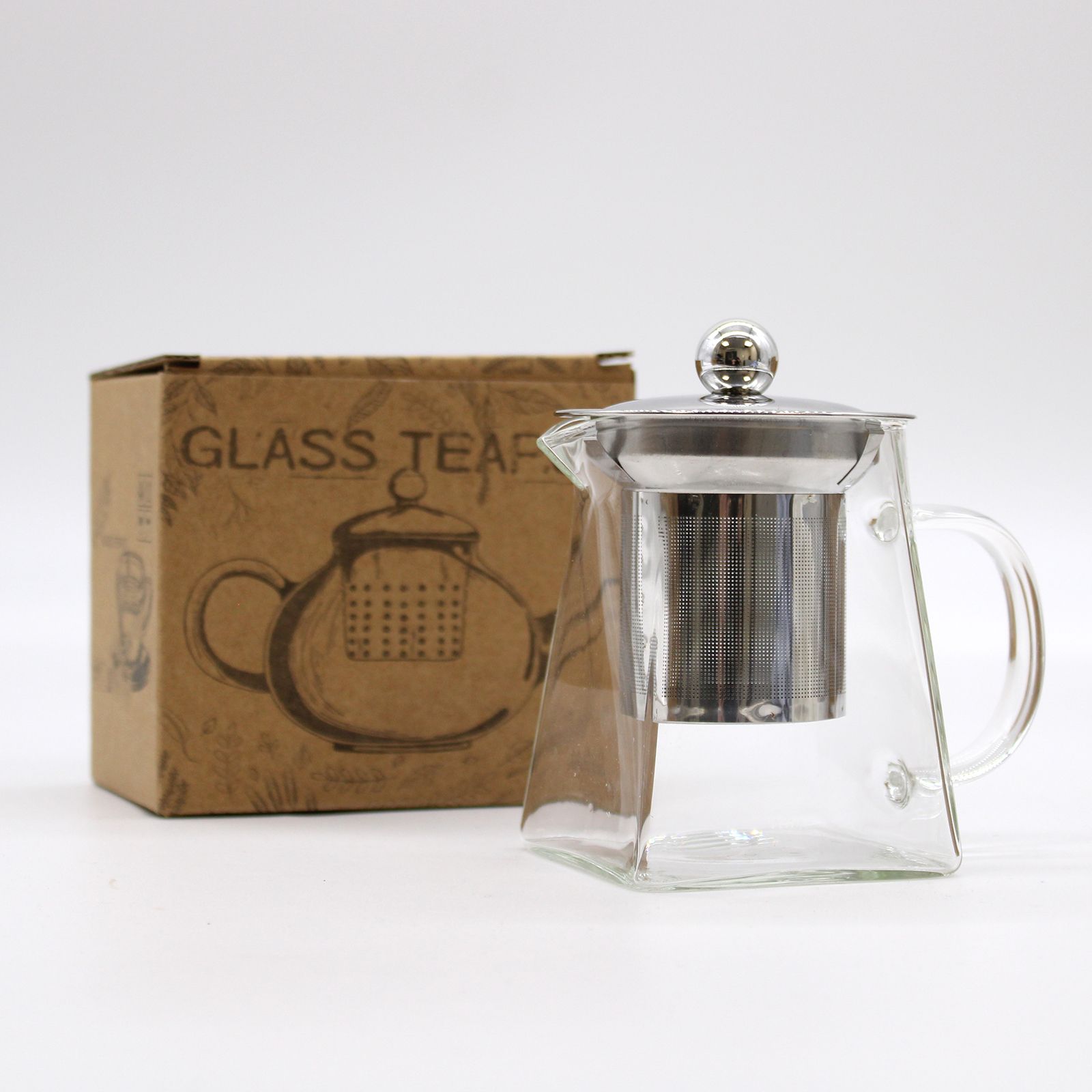 Alt Tag: Elegant Glass Infuser Teapot – Tower Shape 350ML glass teapot with stainless steel infuser and lid, shown with tea box