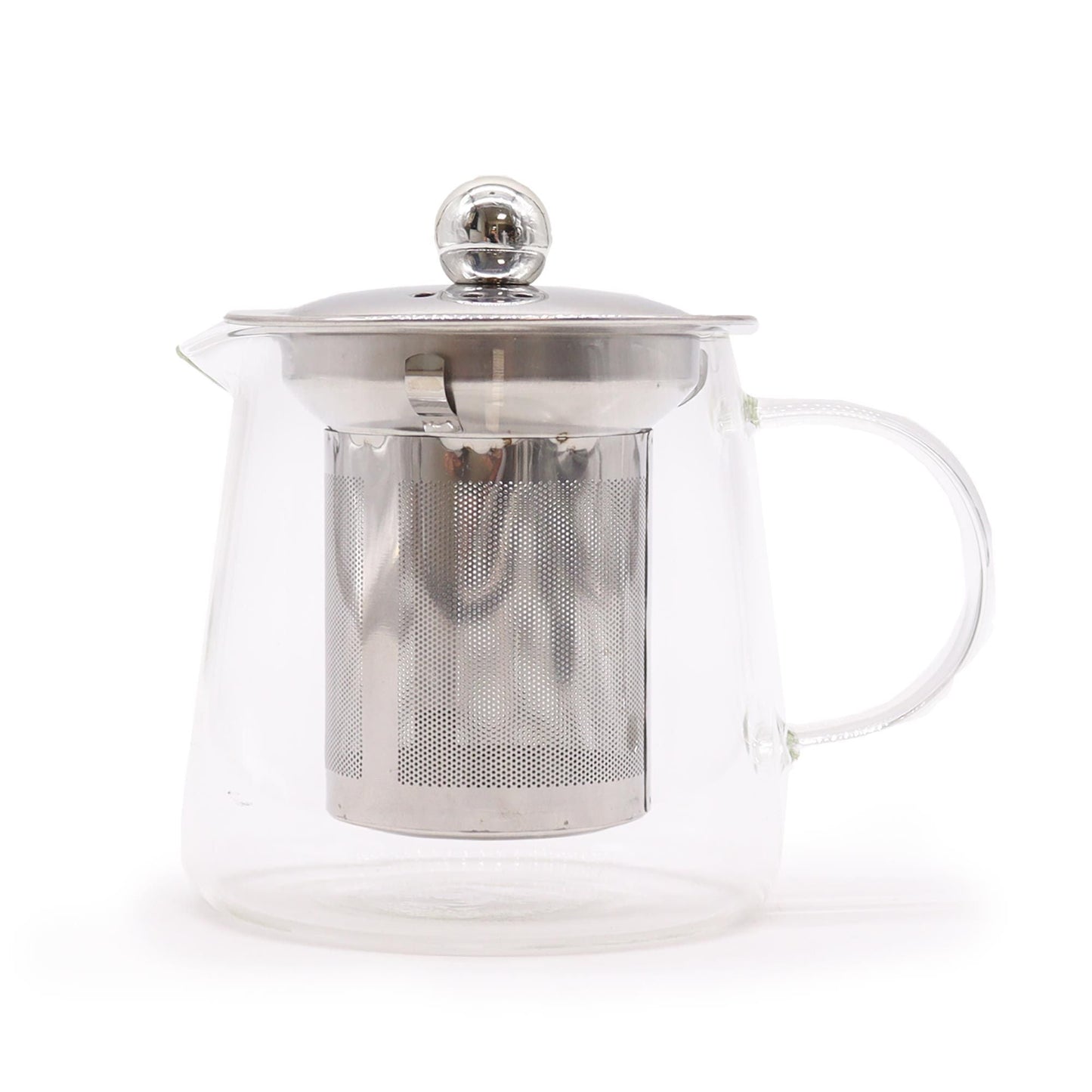 Alt Tag: Elegant Glass Teapot – Flask Shape 350ML, teapot de vidrio transparente con infusor de acero inoxidable y tapa metálica