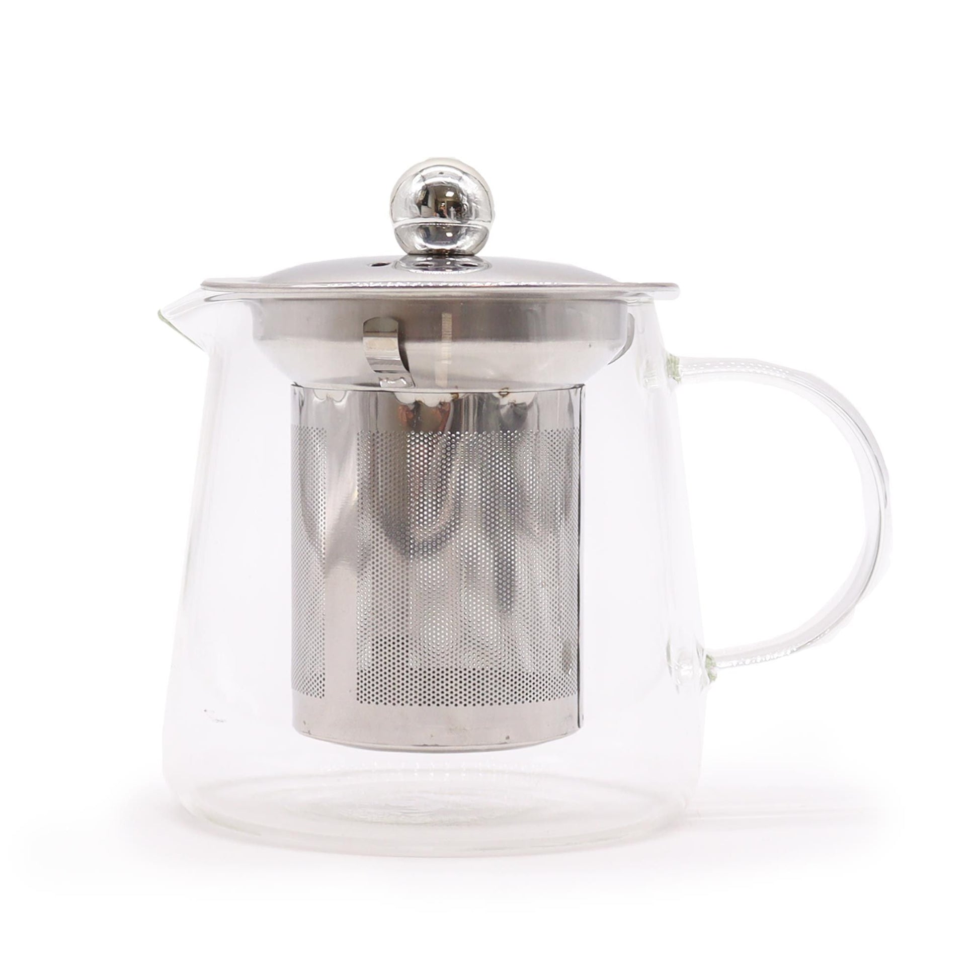 Alt Tag: Elegant Glass Teapot – Flask Shape 350ML, teapot de vidrio transparente con infusor de acero inoxidable y tapa metálica
