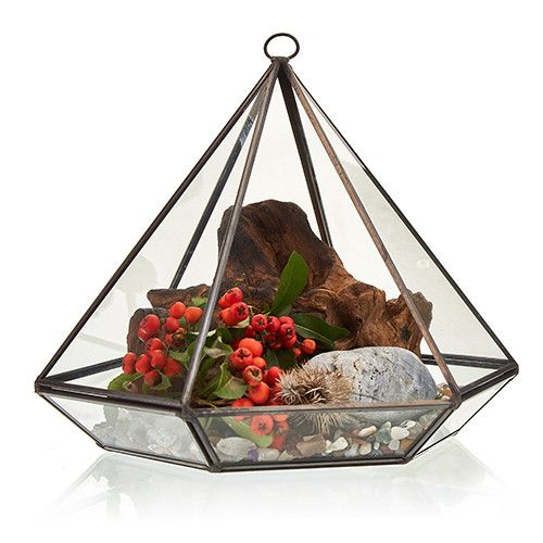 Elegant Glass Terrarium – Large Diamond de vidrio y latón, terrario geométrico grande con tapa superior, decorado con piedras y plantas