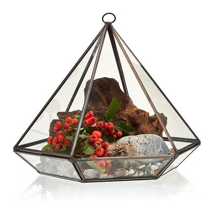 Elegant Glass Terrarium – Large Diamond de vidrio y latón, terrario geométrico grande con tapa superior, decorado con piedras y plantas