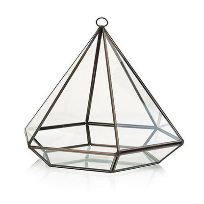 Alt Tag: Elegant Glass Terrarium – Large Diamond, terrario de vidrio geométrico tipo diamante con marco de latón y aro superior
