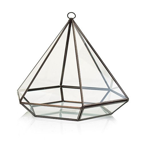 Alt Tag: Elegant Glass Terrarium – Large Diamond, terrario de vidrio geométrico tipo diamante con marco de latón y aro superior