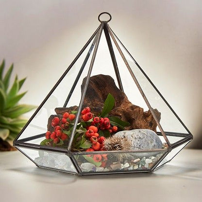Elegant Glass Terrarium – Large Diamond de vidrio y latón, diseño geométrico tipo diamante con plantas decorativas en interior
