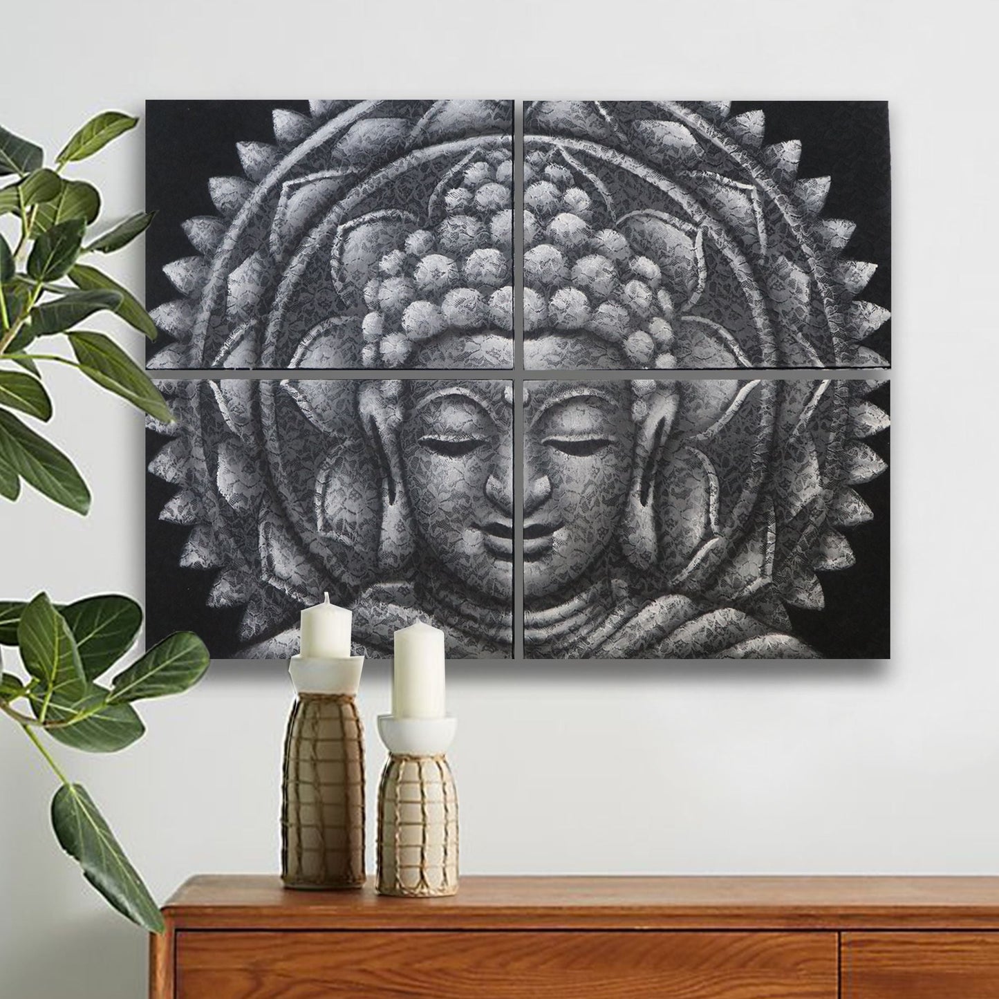 Alt-Tag: Elegante graue Buddha-Leinwandkunst – 4-teilig 30x40 CM, graue Buddha-Mandala-Wandkunst auf vier Leinwandpanelen, montiert auf Holzrahmen