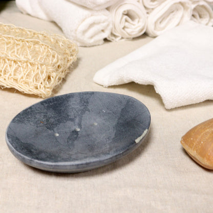 Alt Tag: Elegant Grey Soapstone Dish – 10x12CM Oval grey oval soapstone soap dish on bathroom counter with towels