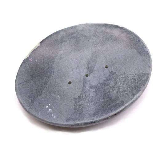 Alt Tag: Elegant Grey Soapstone Dish – 10x12CM Oval, handcrafted grey oval soapstone soap dish with drainage holes
