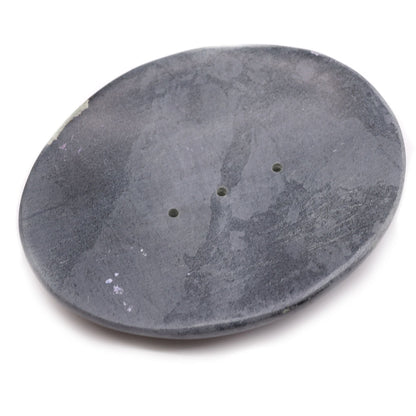 Alt Tag: Elegant Grey Soapstone Dish – 10x12CM Oval, oval grey handcrafted soapstone soap dish with drainage holes