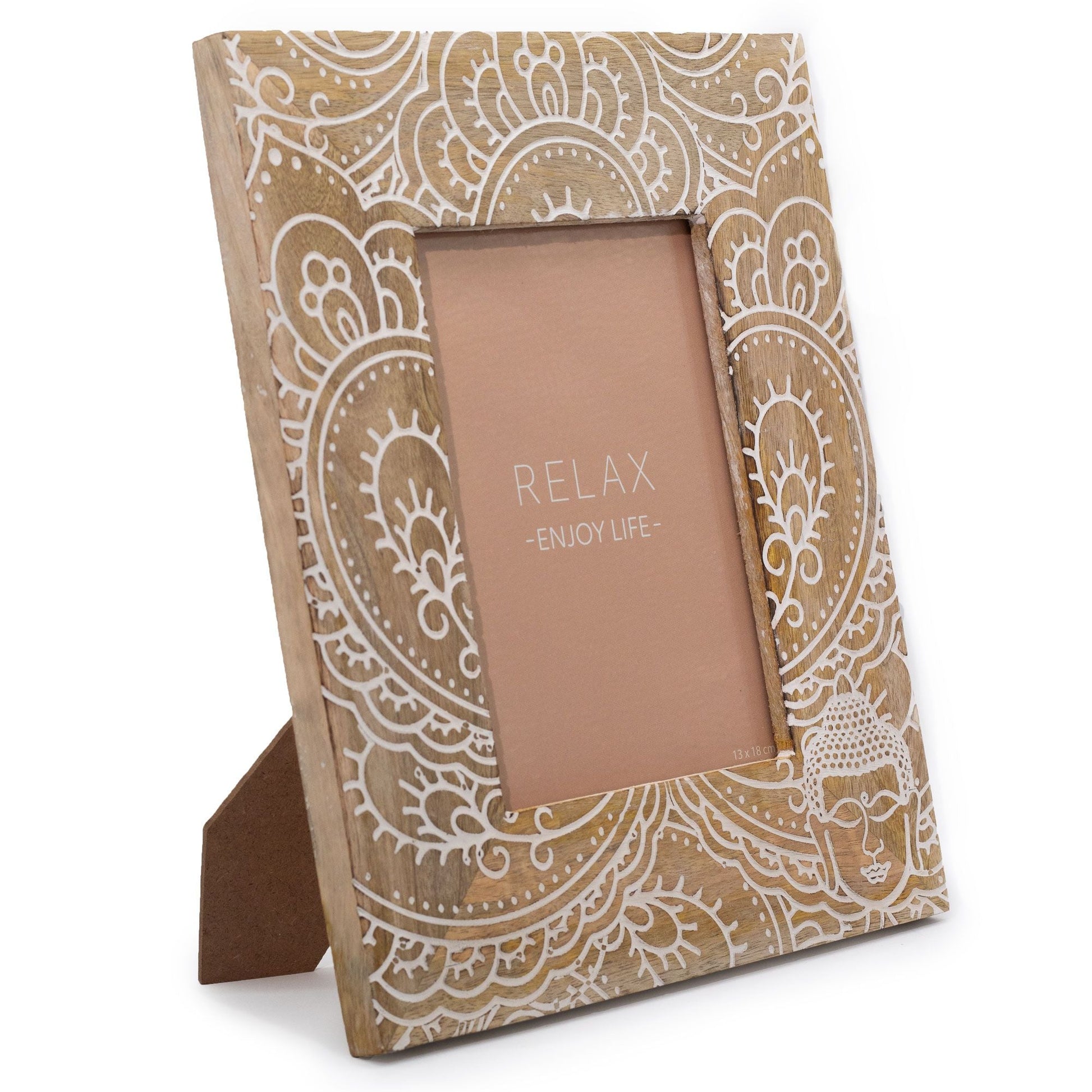 Alt Tag: Elegant Mango Wood Picture Frame – 13x18 CM with white Buddha-inspired pattern, natural mango wood photo frame stand