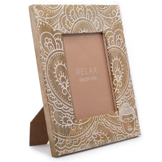 Alt Tag: Elegant Mango Wood Picture Frame – 13x18 CM with white Buddha-inspired pattern, natural mango wood photo frame stand