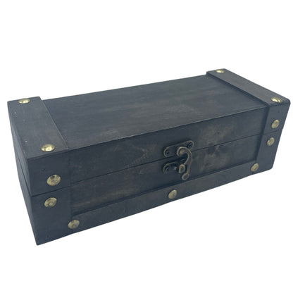 Alt Tag: Elegant MDF Tea Chest – Grey 21.5x8.5 CM vintage-style grey MDF tea chest with metal latch and corner studs